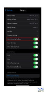 تنظیمات دوربین آیفون برای فعال کردن burst mode با دکمه افزایش صدا، ایده ال برای ثبت لحظات سریع و عکاسی اکشن