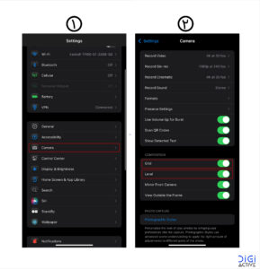 تنظیمات پیشرفته دوربین در گوشی آیفون برای عکاسی حرفه ای، شامل فعال سازی grid و level برای بهبود ترکیب بندی