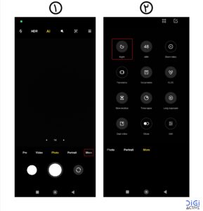 نحوه دسترسی به حالت Night Mode در دوربین شیائومی با انتخاب گزینه More برای عکاسی حرفه در شرایط نوری کم