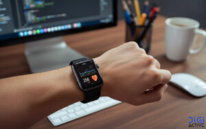 تصویر اپل واچ ۲۰۲۵ در حال اندازه گیری ضربان قلب در مچ دست یک مرد