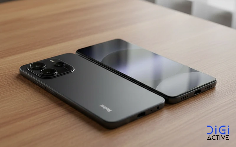 دو گوشی ردمی نوت 14 مشکی از برند Xiaomi که روی سطح چوبی قرار دارند؛ یکی از آن‌ها با صفحه‌نمایش رو به بالا و دیگری با ماژول دوربین دوگانه و لوگوی Redmi دیده می‌شود.