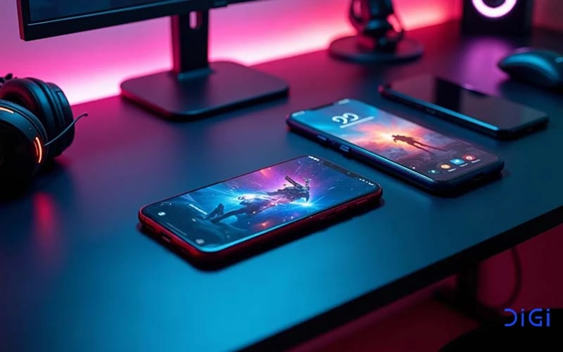دو گوشی گیمینگ مناسب برای بازی در کنار هم بر روی میز کامپیوتر در کنار هدفون و موس و مانیتور با بک نور پس زمینه بنفش