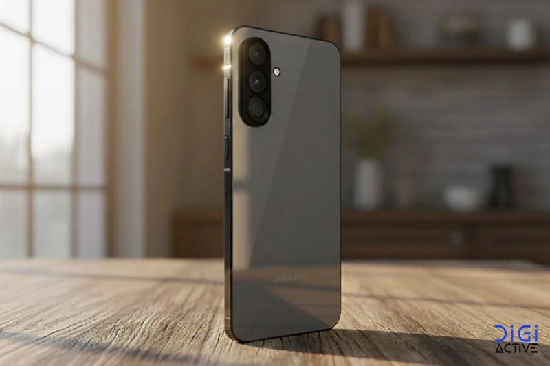 نمای پشت گوشی سامسونگ a56 با رنگ خاکستری روی میز چوبی