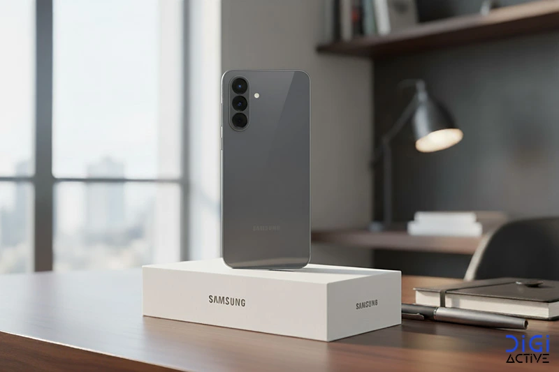 گوشی سامسونگ a56 با رنگ خاکستری بر روی جعبه گوشی به رنگ سفید که بر روی میز چوبی قرار دارند کنار یک خودنویس و دفتر