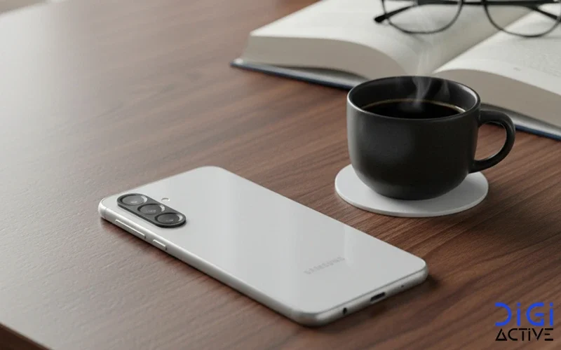 نمای پشت گوشی سامسونگ A56 با رنگ سفید روی میز چوبی در کنار یک لیوان مشکی حاوی نوشیدنی داغ ویک کتاب باز شده با یک عینک مشکی بر روی آن