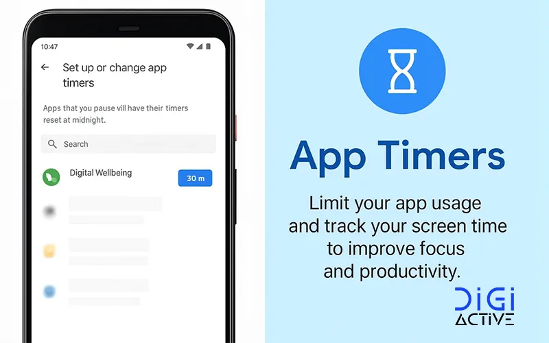 تنظیم محدودیت زمانی برای استفاده از اپلیکیشنها در بخش Digital Wellbeing گوشی