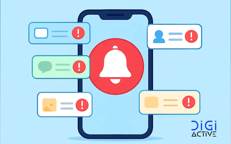 نمایش یک گوشی هوشمند با اعلانهای متعدد و تصویر فردی که در حال مدیریت