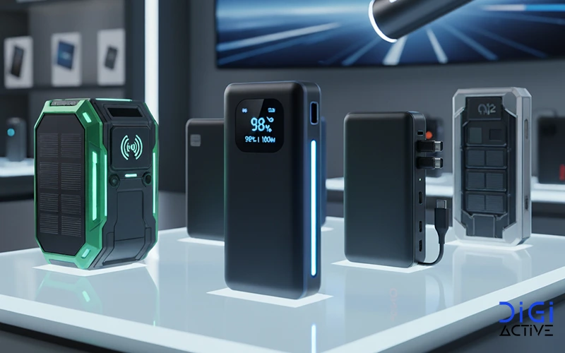 تعدادی از بهترین برندهای پاوربانک مدرن و پیشرفته دیده می‌شود که روی یک میز نمایش سفید در محیطی با نورپردازی حرفه‌ای چیده شده‌اند.