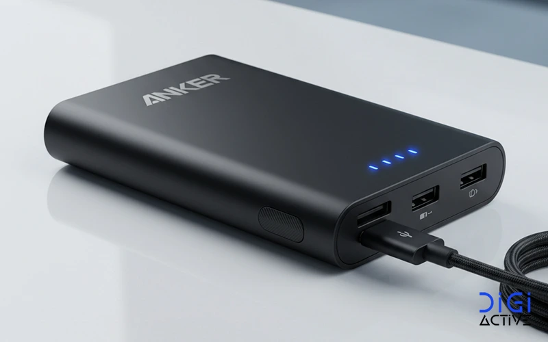 پاوربانک انکر با رنگ مشکی و یک کابل مشکی متصل به پاور بانک بر روی یک میز سفید