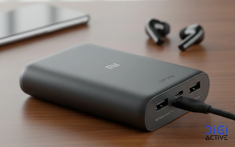 پاوربانک شیائومی با رنگ مشکی بر روی میز چوبی در کنار هندزفری های وایرلس و یک موبایل 