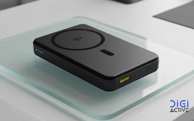 پاوربانک باسئوس با رنگ مشکی و چراغ‌های نشانگر ظریف، روی یک پد شیشه‌ای مدرن و شفاف بر روی سطحی روشن نمایش داده شده است